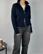 Женская Базовая Темно-Синяя Кофта на Молнии под Горло