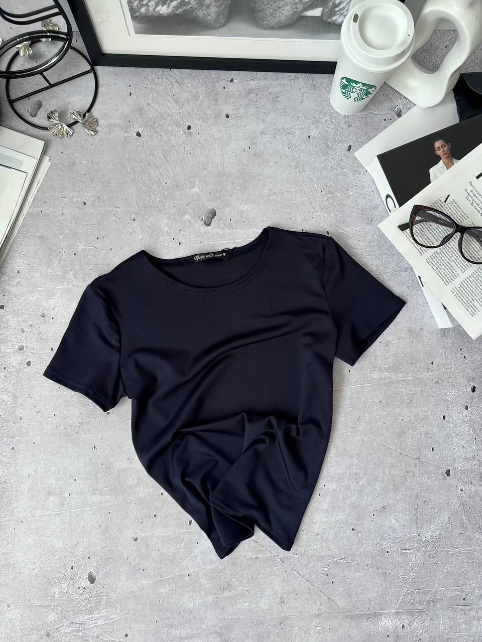 photo_2026-01-16_09-13-43 Женская Базовая Темно-Синяя Футболка с Короткими Рукавами