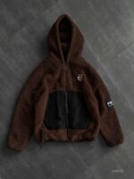 Мужская Плюшевая Коричневая Кофта Барашек на Молнии с Капюшоном и Вставкой из Плащевки