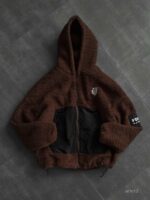 Мужская Плюшевая Коричневая Кофта Барашек на Молнии с Капюшоном и Вставкой из Плащевки