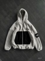 Мужская Плюшевая Серая Кофта Барашек на Молнии с Капюшоном и Вставкой из Плащевки