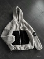 Мужская Плюшевая Серая Кофта Барашек на Молнии с Капюшоном и Вставкой из Плащевки