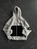 Мужская Плюшевая Серая Кофта Барашек на Молнии с Капюшоном и Вставкой из Плащевки