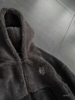 Мужская Плюшевая Графитовая Кофта Барашек на Молнии с Капюшоном и Вставкой из Плащевки
