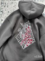 Мужское Темно-Серое Худи Трехнитка Свободного Кроя с Вышивкой Девушки