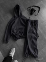 Мужской Графитовый Спортивный Костюм Худи Штаны с Вышитой Надписью - Утепленный на Флисе