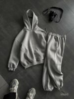 Мужской Серый Спортивный Костюм Худи Штаны с Вышитой Надписью - Утепленный на Флисе