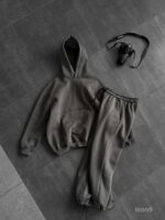 Мужской Темно-Серый Спортивный Костюм Худи Штаны с Вышитой Надписью - Утепленный на Флисе