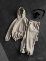 Мужской Бежевый Спортивный Костюм Худи Штаны с Вышитой Надписью - Утепленный на Флисе