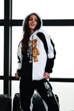 Женский Чорно-Белый Спортивный Костюм с Медведем - Утепленный на Флисе