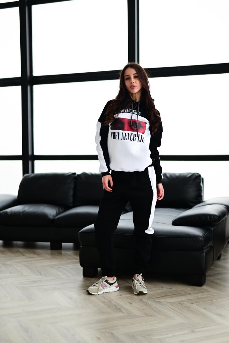 photo_2026-01-17_09-45-51 Женский Чорно-Белый Спортивный Костюм с Принтом Глаза - Утепленный на Флисе