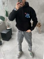 Женское Черное Худи Оверсайз с Вышивкой Стич - Утепленное на Флисе