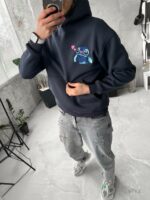 Женское Графитовое Худи Оверсайз с Вышивкой Стич - Утепленное на Флисе