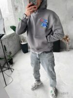 Женское Темно-Серое Худи Оверсайз с Вышивкой Стич - Утепленное на Флисе