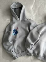 Женское Серое Худи Оверсайз с Вышивкой Стич - Утепленное на Флисе