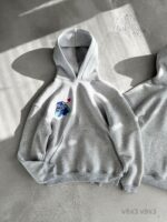 Женское Худи Серое Меланж Оверсайз с Вышивкой Стич - Утепленное на Флисе