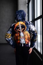 Женский Утепленный Темно-Синий Анорак в Принт с Мишкой