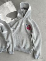 Женское Утепленное Худи Серое Меланж Оверсайз на Флисе с Маленькой Вышивкой Стич Ангел