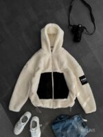 Мужская Плюшевая Молочная Кофта Барашек на Молнии с Капюшоном и Вставкой из Плащевки