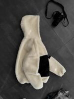 Мужская Плюшевая Молочная Кофта Барашек на Молнии с Капюшоном и Вставкой из Плащевки