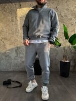 Мужской Утепленный Серый Костюм на Флисе с Коротким Замком - Оверсайз Кофта + Джоггеры