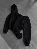 Мужской Черный Спортивный Костюм Худи Штаны с Вышитой Надписью - Утепленный на Флисе