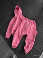 Мужской Розовый Спортивный Костюм Худи Штаны с Вышитой Надписью - Утепленный на Флисе