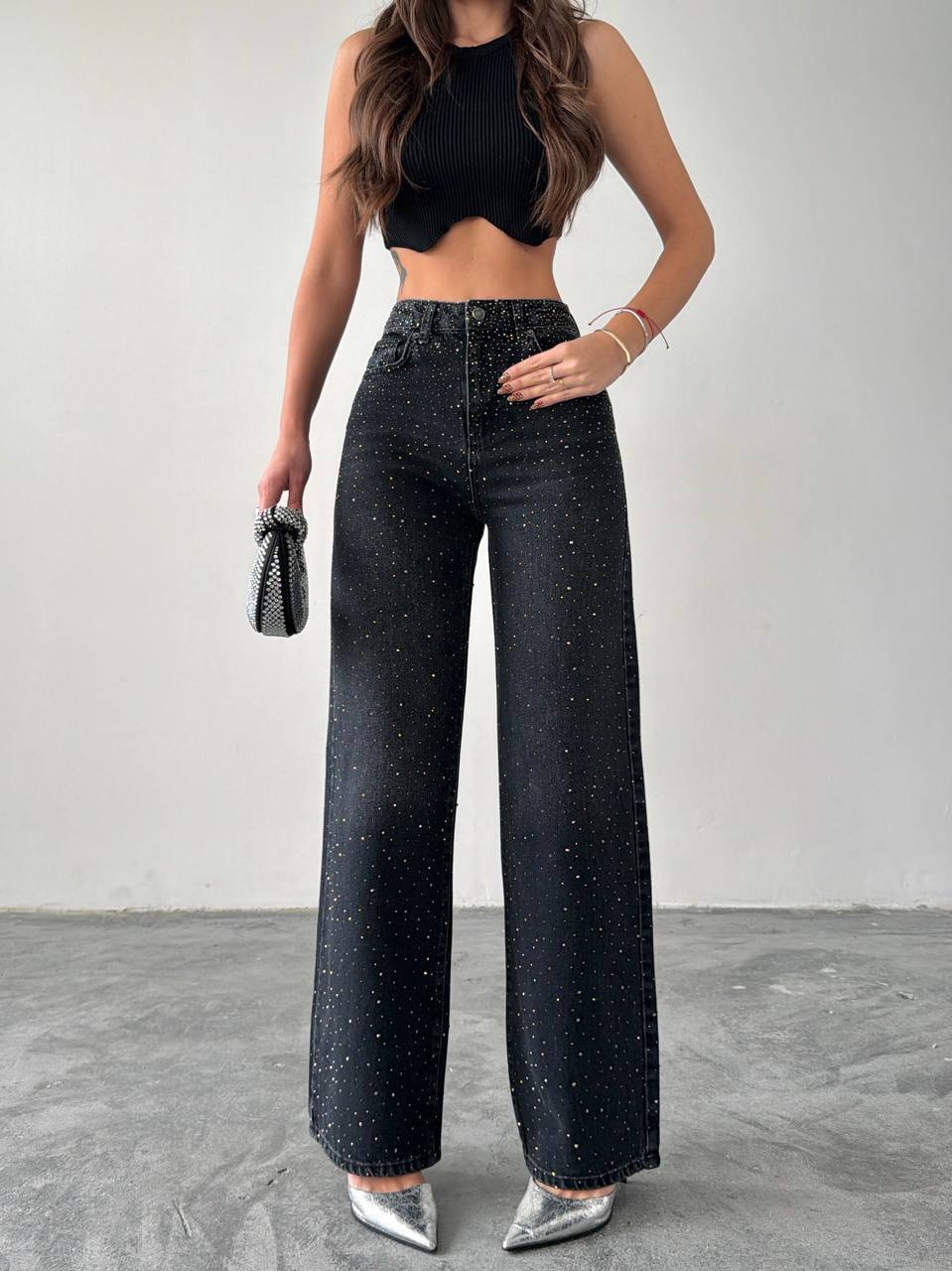 photo_2026-01-20_08-08-31 Женские Свободные Прямые Графитовые Джинсы Wide-Leg в Камнях Стразах