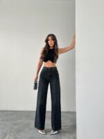 Женские Свободные Прямые Графитовые Джинсы Wide-Leg в Камнях Стразах