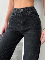 Женские Свободные Прямые Графитовые Джинсы Wide-Leg в Камнях Стразах