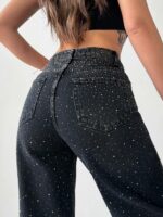 Женские Свободные Прямые Графитовые Джинсы Wide-Leg в Камнях Стразах