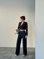 Женские Свободные Прямые Темно-Синие Джинсы Wide-Leg в Камнях Стразах