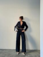 Женские Свободные Прямые Темно-Синие Джинсы Wide-Leg в Камнях Стразах