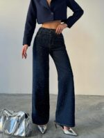 Женские Свободные Прямые Темно-Синие Джинсы Wide-Leg в Камнях Стразах