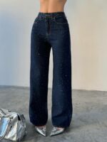 Женские Свободные Прямые Темно-Синие Джинсы Wide-Leg в Камнях Стразах