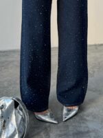 Женские Свободные Прямые Темно-Синие Джинсы Wide-Leg в Камнях Стразах