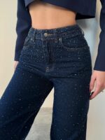 Женские Свободные Прямые Темно-Синие Джинсы Wide-Leg в Камнях Стразах