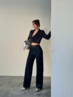 Женские Свободные Прямые Темно-Синие Джинсы Wide-Leg в Камнях Стразах