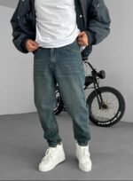 Мужские Свободные Джинсы Бананы Синие с Грязным Эффектом