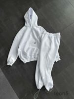 Мужской Белый Спортивный Костюм Худи Штаны с Вышитой Надписью - Утепленный на Флисе