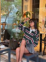 Женская Базовая Зеленая Кофта Поло Оверсайз в Бордовую Полоску