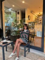 Женская Базовая Зеленая Кофта Поло Оверсайз в Бордовую Полоску