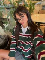 Женская Базовая Зеленая Кофта Поло Оверсайз в Бордовую Полоску