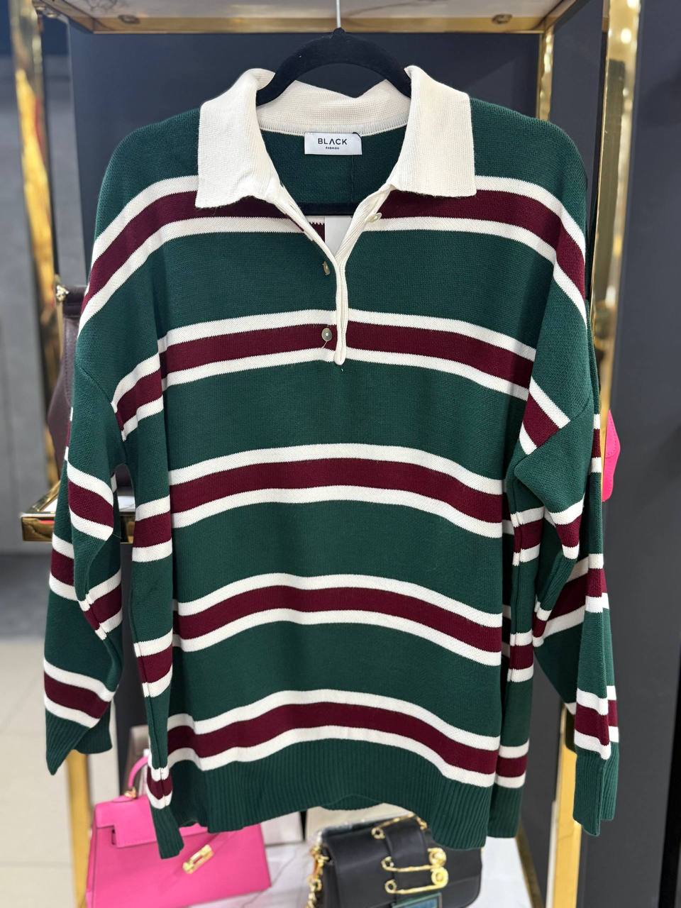 photo_2026-01-22_09-44-52 Женская Базовая Зеленая Кофта Поло Оверсайз в Бордовую Полоску