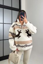 Женский Теплый Молочный Свитер Бомбер Оверсайз с Принтом Олени