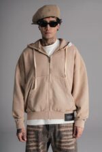Мужское Бежевое Зип Худи Оверсайз - Кофта Зипка Варенка на Молнии Свободного Кроя
