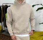 Мужское Бежевое Худи Оверсайз - Базовое с Утеплением на Флисе