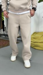 Мужские Базовые Бежевые Спортивные Штаны - Свободные с Утеплением на Флисе