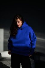 Женское Базовое Синее Худи Оверсайз с Утеплением на Флисе