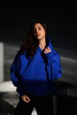 Женское Базовое Синее Худи Оверсайз с Утеплением на Флисе